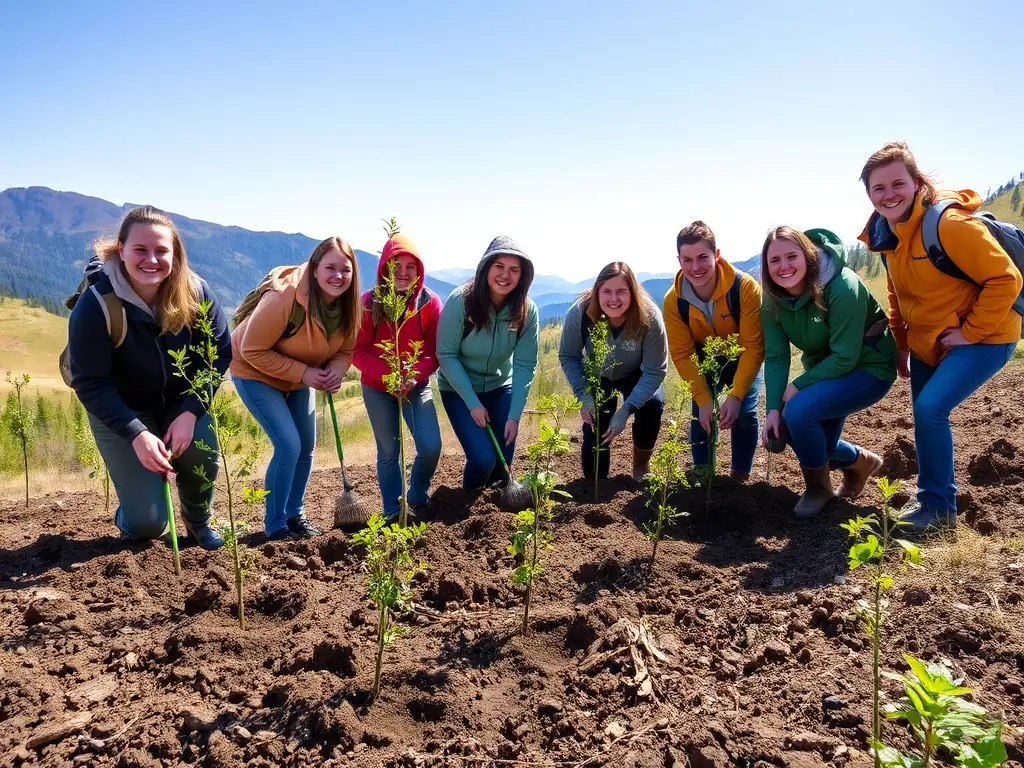 A photograph of a group of volunteers planting native trees and shrubs in a deforested area, with the ASSOCIATION COMMUNALE DE CHASSE AGREE DE LADINHAC logo visible on their vests.