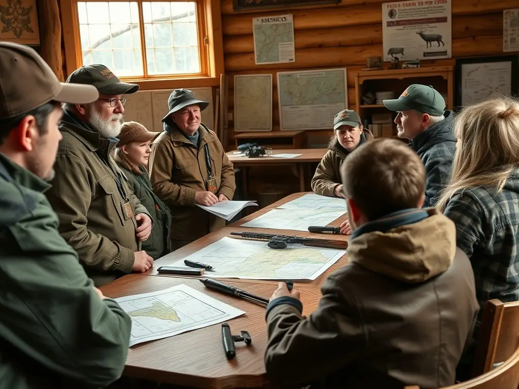 A classroom setting where experienced hunters are teaching young members about ethical hunting practices, wildlife identification, and conservation principles, using visual aids and interactive discussions.