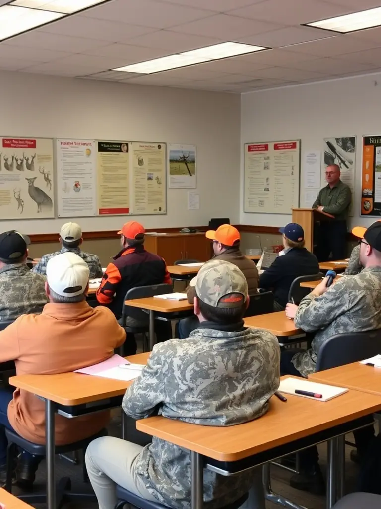A photograph showing a hunter education workshop in session, with participants learning about ethical hunting practices and wildlife conservation.