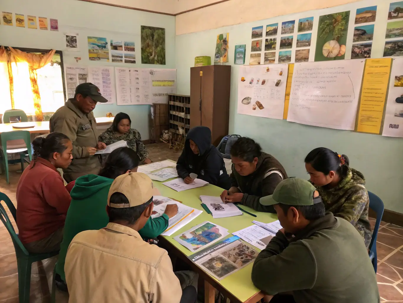 A group of community members participating in an educational workshop on wildlife management and conservation techniques.