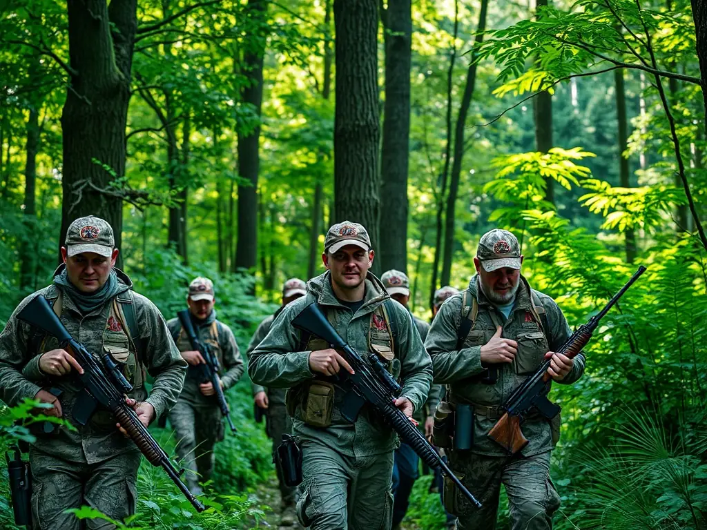 A group of hunters participating in a supervised hunting activity in a forest, emphasizing responsible hunting practices and adherence to safety regulations.