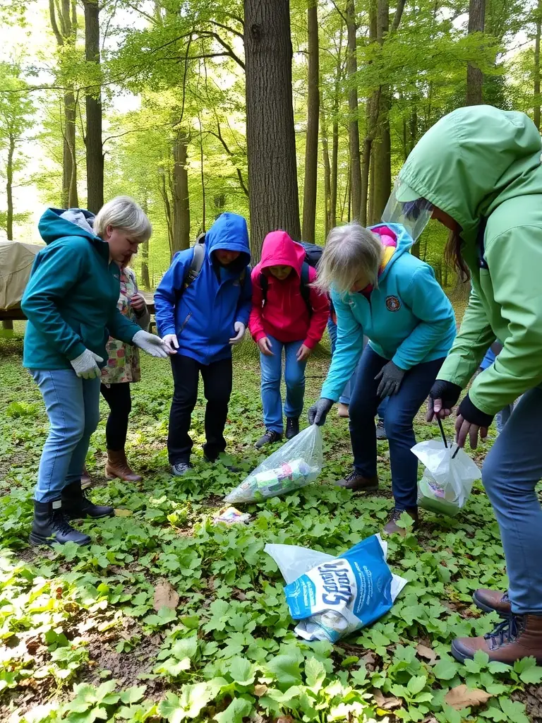 A photograph of volunteers cleaning up a local forest area, removing litter and debris to improve wildlife habitat.