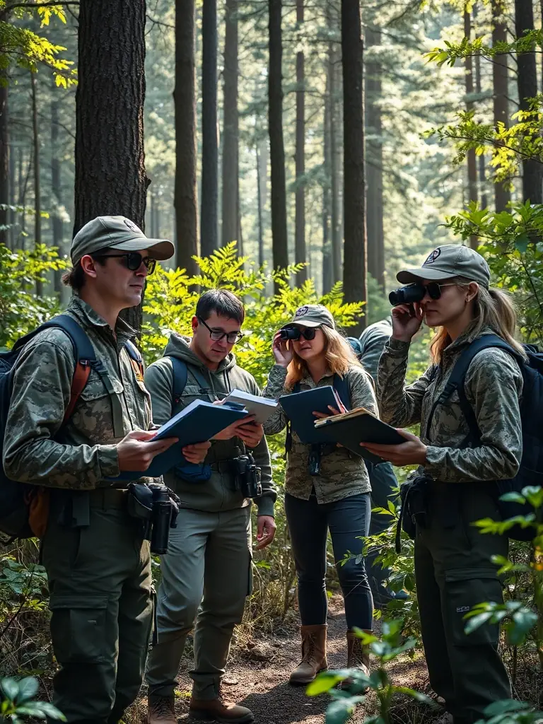 A photograph capturing a group of members of ASSOCIATION COMMUNALE DE CHASSE AGREE DE LADINHAC participating in a wildlife census, using binoculars and notebooks in a natural setting.