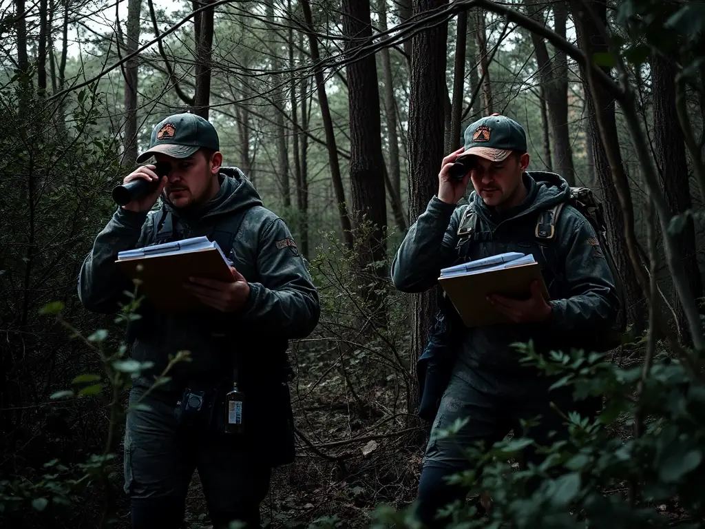 A group of hunters participating in a wildlife census in the Ladinhac region, using binoculars and notebooks to record their observations, set against a backdrop of rolling hills and forests.