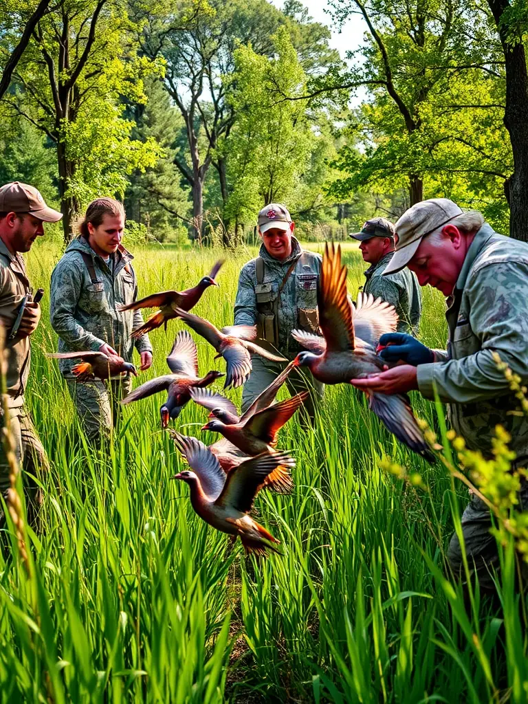 A photograph of members releasing pheasants into a managed habitat, showcasing the organization's commitment to game species management.